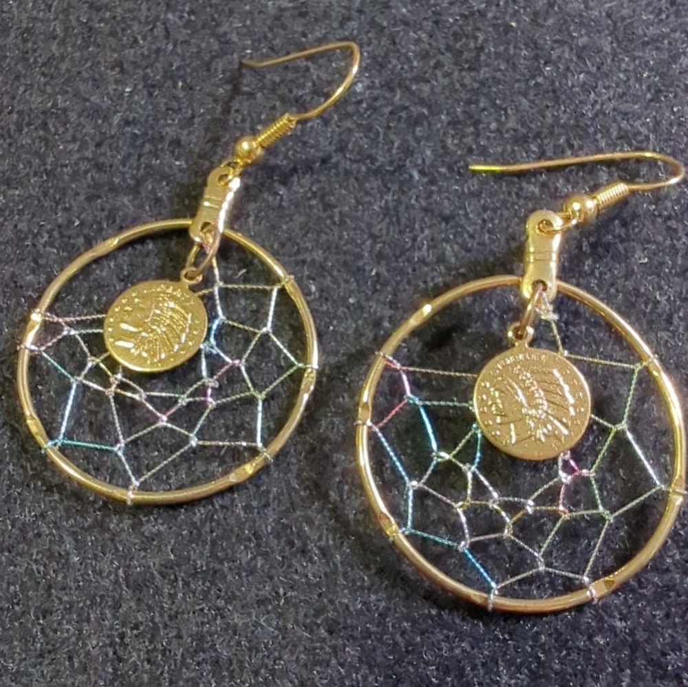 Vintage Dreamcatcher Earrings Gold Tone with Indian Head Coin Like Charms
